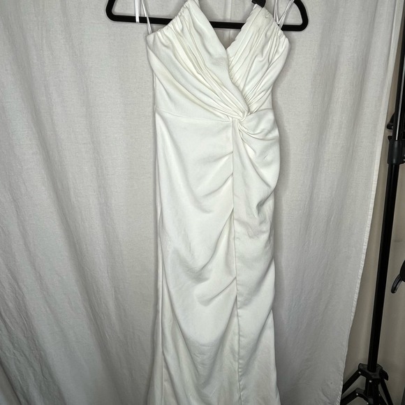Katie May Come On Home NWT Twisted Strapless‎ Midi-Dress Ivory Satin Feel Small - Picture 5 of 9